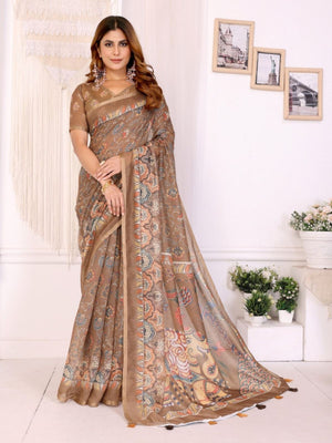 Rajwada Light Brown Cotton Printed Saree For Women