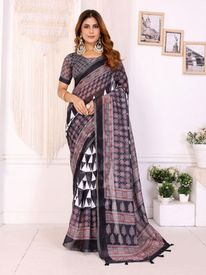 Rajwada Black Cotton Printed Saree For Women