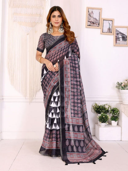 Rajwada Black Cotton Printed Saree For Women