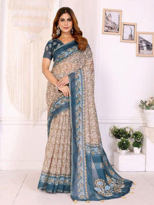 Rajwada Beige Cotton Printed Saree For Women