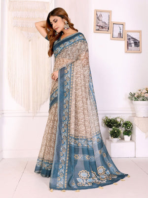 Rajwada Beige Cotton Printed Saree For Women