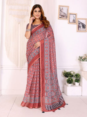 Rajwada Red Cotton Printed Saree For Women