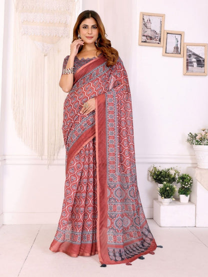Rajwada Red Cotton Printed Saree For Women
