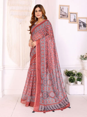 Rajwada Red Cotton Printed Saree For Women