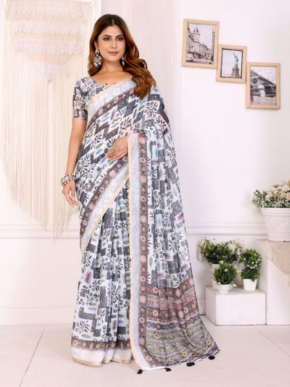Rajwada Off White Cotton Printed Saree For Women