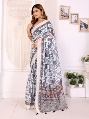 Rajwada Off White Cotton Printed Saree For Women