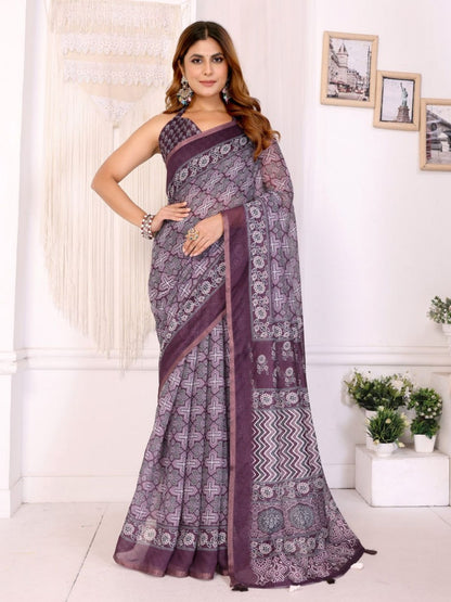 Rajwada Dusty Mauve Cotton Printed Saree For Women