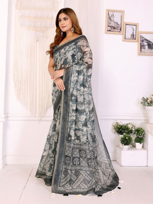 Rajwada Grey Cotton Printed Saree For Women
