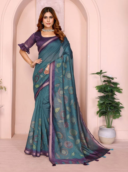 Rajwada Teal Blue Cotton Printed Saree For Women