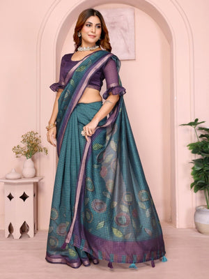 Rajwada Teal Blue Cotton Printed Saree For Women