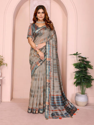 Rajwada Grey Cotton Printed Saree For Women