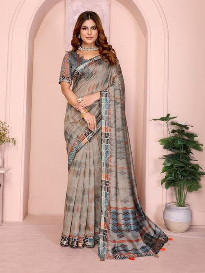 Rajwada Grey Cotton Printed Saree For Women