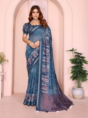 Rajwada Blue Cotton Printed Saree For Women