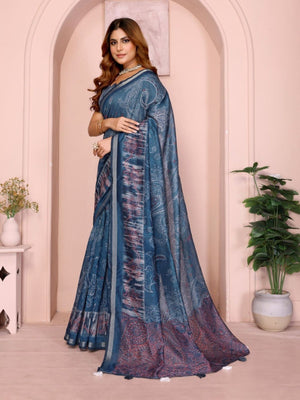 Rajwada Blue Cotton Printed Saree For Women