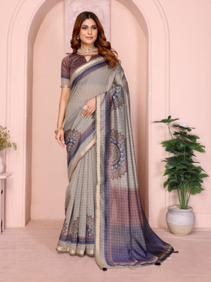 Rajwada Light Grey Cotton Printed Saree For Women