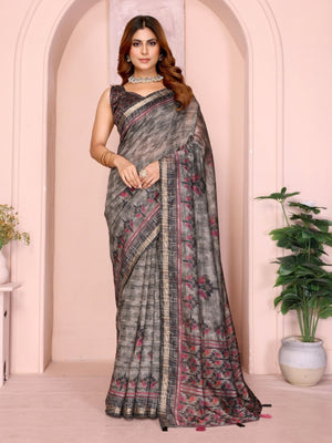 Rajwada Grey Cotton Printed Saree For Women