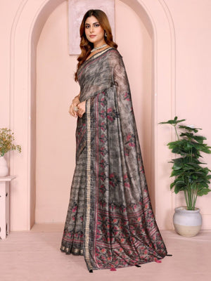 Rajwada Grey Cotton Printed Saree For Women