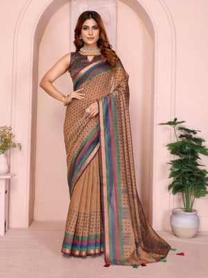 Rajwada Light Brown Cotton Printed Saree For Women