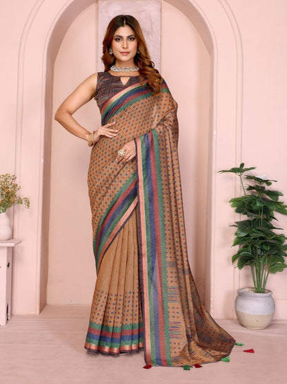 Rajwada Light Brown Cotton Printed Saree For Women