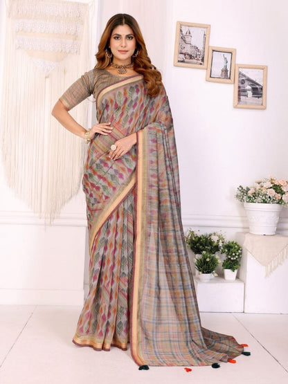 Rajwada Grey Cotton Printed Saree For Women