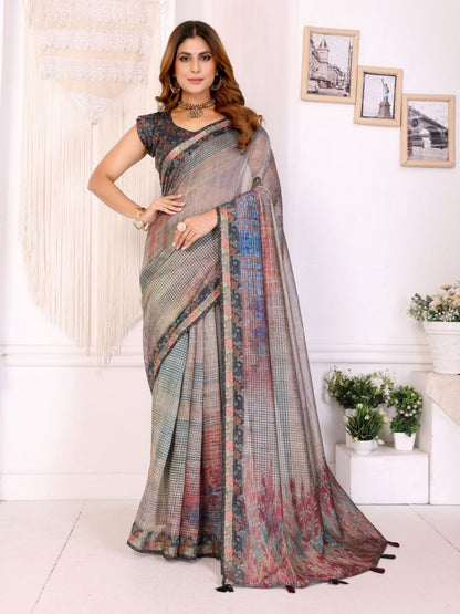 Rajwada Grey Cotton Printed Saree For Women