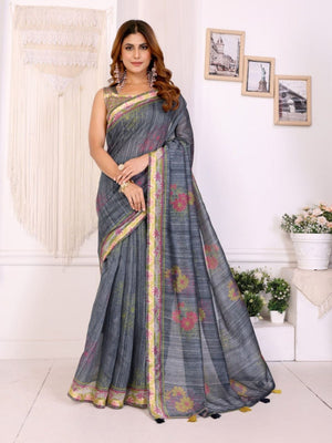 Rajwada Grey Cotton Printed Saree For Women