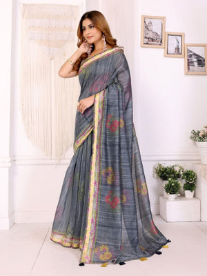 Rajwada Grey Cotton Printed Saree For Women