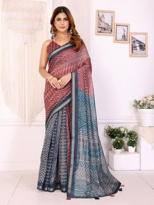 Rajwada Red Cotton Printed Saree For Women