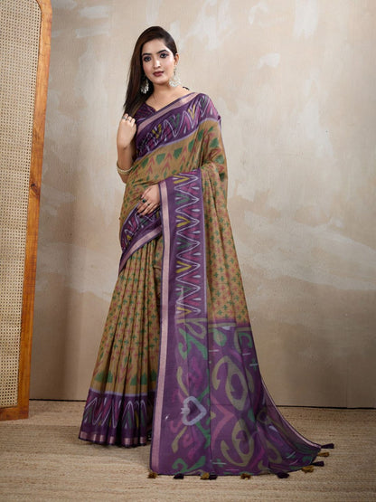 Rajwada Beige Cotton Printed Saree For Women