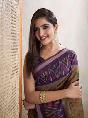 Rajwada Beige Cotton Printed Saree For Women