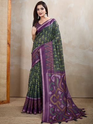 Rajwada Olive green Cotton Printed Saree For Women