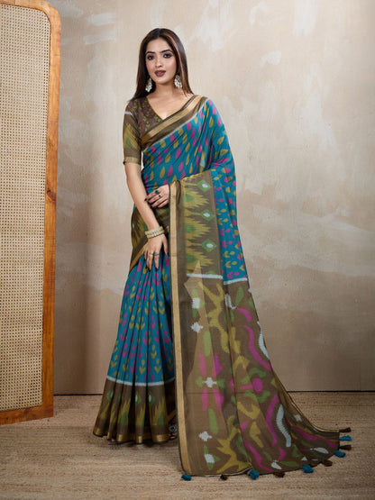 Rajwada Teal Blue Cotton Printed Saree For Women