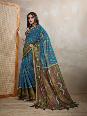 Rajwada Teal Blue Cotton Printed Saree For Women