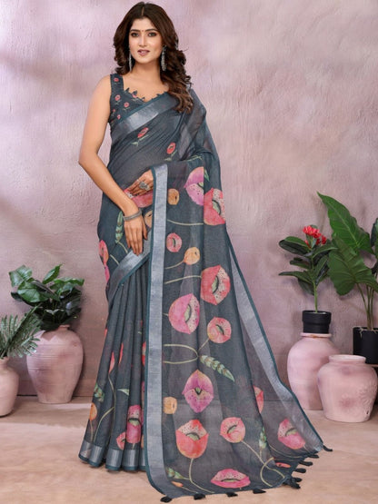 Rajwada Dark Grey Cotton Linen Printed Saree For Women