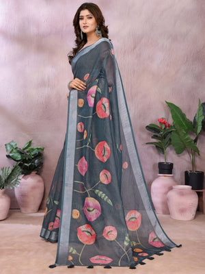 Rajwada Dark Grey Cotton Linen Printed Saree For Women