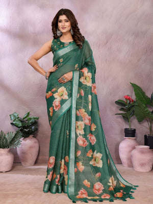 Rajwada Dark Green Cotton Linen Printed Saree For Women