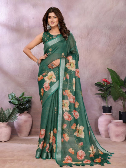 Rajwada Dark Green Cotton Linen Printed Saree For Women