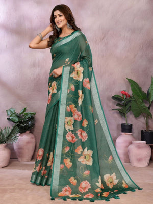 Rajwada Dark Green Cotton Linen Printed Saree For Women