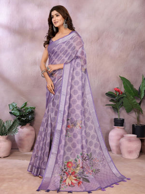 Rajwada Lavender Cotton Linen Printed Saree For Women