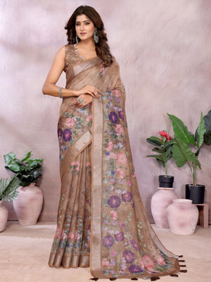 Rajwada Light Brown Cotton Linen Printed Saree For Women