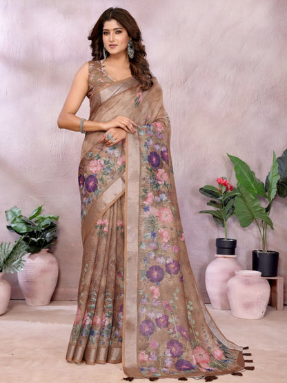 Rajwada Light Brown Cotton Linen Printed Saree For Women