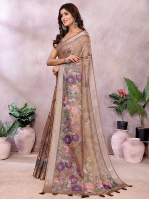 Rajwada Light Brown Cotton Linen Printed Saree For Women