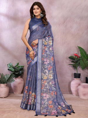 Rajwada Greyish Blue Cotton Linen Printed Saree For Women