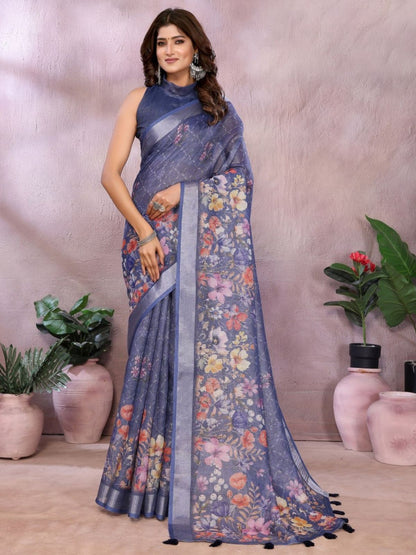 Rajwada Greyish Blue Cotton Linen Printed Saree For Women