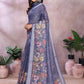 Rajwada Greyish Blue Cotton Linen Printed Saree For Women