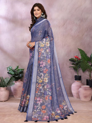 Rajwada Greyish Blue Cotton Linen Printed Saree For Women