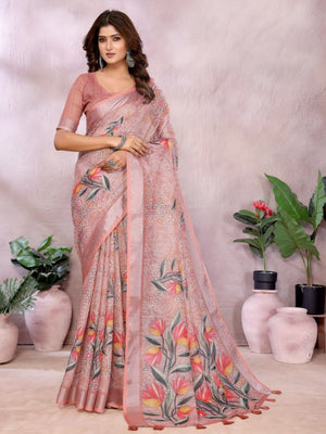 Rajwada Light Pink Cotton Linen Printed Saree For Women