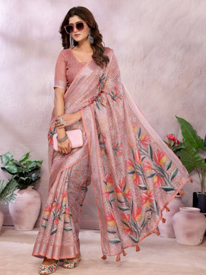 Rajwada Light Pink Cotton Linen Printed Saree For Women