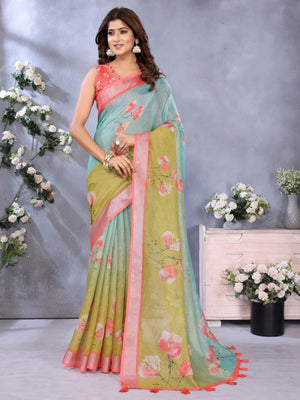 Rajwada Sea Green And Olive Cotton Linen Printed Saree For Women