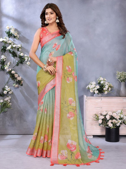 Rajwada Sea Green And Olive Cotton Linen Printed Saree For Women